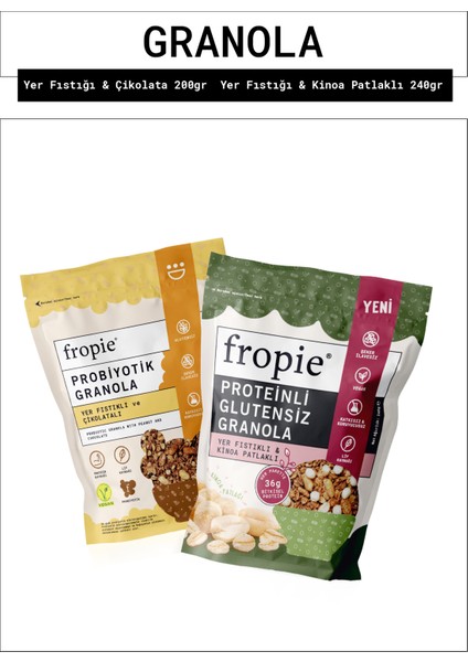 Probiyotik Yer Fıstığı Çikolata ve Proteinli Glutensiz Yer Fıstıklı Kinoa Patlaklı Granola Paketi X2