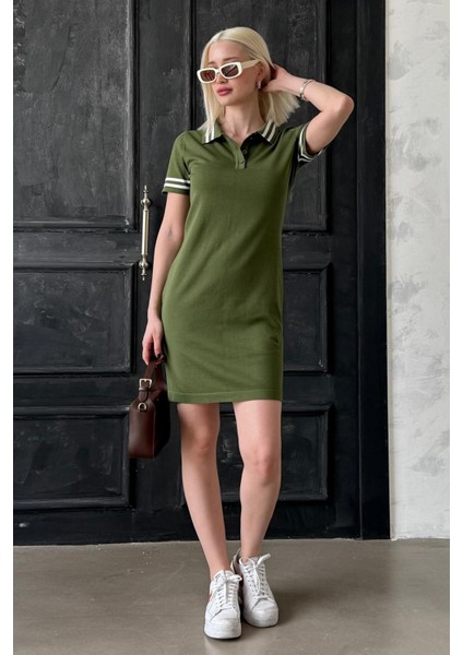 Haki Polo Yaka Şerit Detaylı Kadın Elbise MG2344