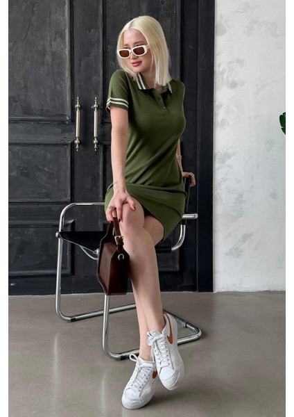 Haki Polo Yaka Şerit Detaylı Kadın Elbise MG2344 modelleri