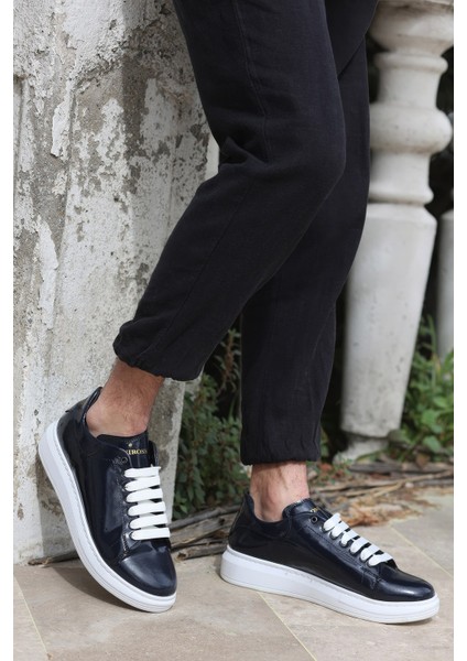 Valendo Lacivert Rugan Garantili Erkek Günlük Casual Bağcıklı Tabanlı Sneaker Spor Ayakkabı VALENDO-5141