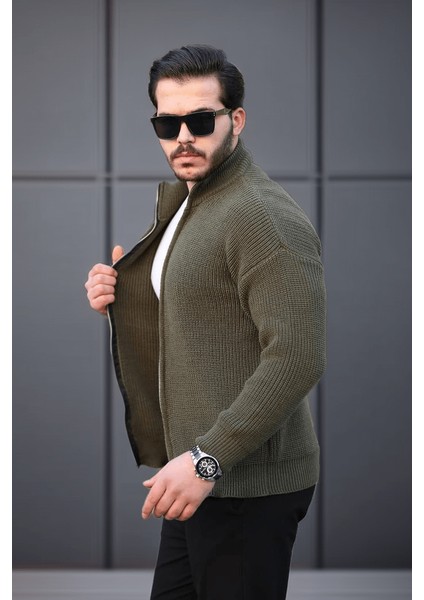 Oversize Selanik Örme Fermuarlı Erkek Hırka- Haki