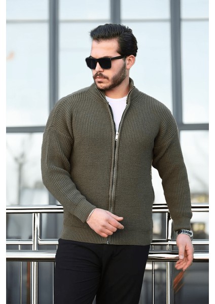 Oversize Selanik Örme Fermuarlı Erkek Hırka- Haki