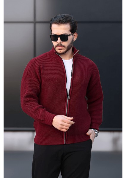 Oversize Selanik Örme Fermuarlı Erkek Hırka- Bordo