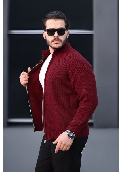 Oversize Selanik Örme Fermuarlı Erkek Hırka- Bordo