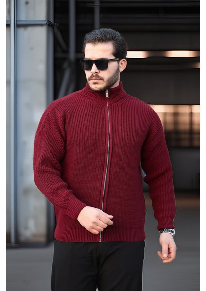 Oversize Selanik Örme Fermuarlı Erkek Hırka- Bordo