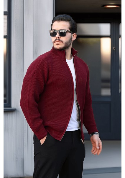 Oversize Selanik Örme Fermuarlı Erkek Hırka- Bordo