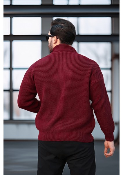Oversize Selanik Örme Fermuarlı Erkek Hırka- Bordo
