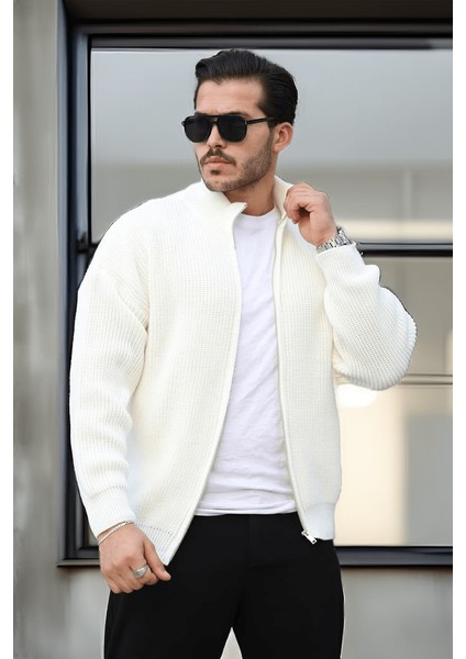 Oversize Selanik Örme Fermuarlı Erkek Hırka- Ekru modelleri