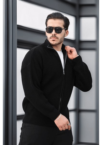 Oversize Selanik Örme Fermuarlı Erkek Hırka- Siyah