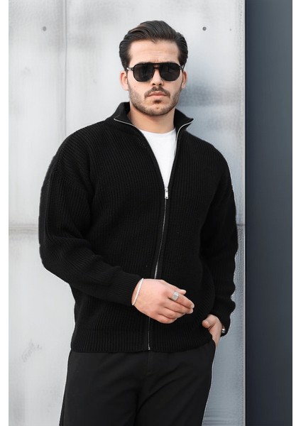 Oversize Selanik Örme Fermuarlı Erkek Hırka- Siyah fırsatları