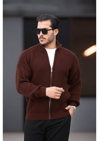 Oversize Selanik Örme Fermuarlı Erkek Hırka- Kahve