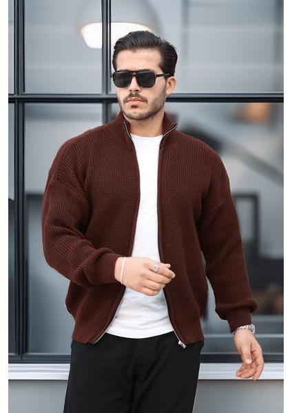Oversize Selanik Örme Fermuarlı Erkek Hırka- Kahve