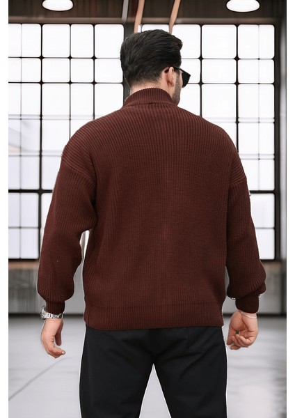 Oversize Selanik Örme Fermuarlı Erkek Hırka- Kahve