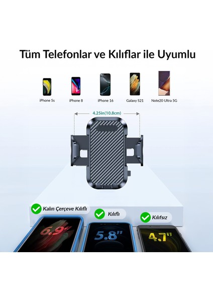Vantuzlu Uzayan Cam ve Torpido Için Ayarlanabilir Araç Içi Telefon Tutucu