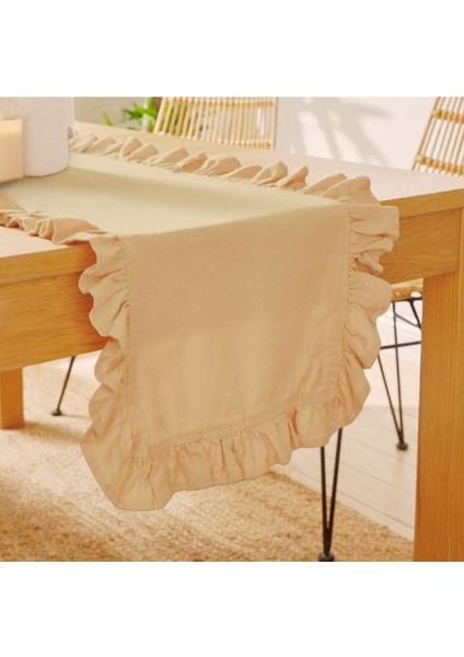 Bej Fırfırlı Runner, Kadife Dokulu 40 x 110, Koyu Gri, Dertsiz Runner