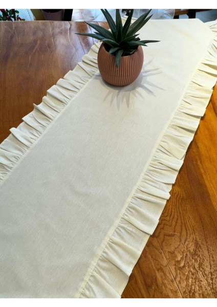 Bej Fırfırlı Runner, Kadife Dokulu 40 x 110, Koyu Gri, Dertsiz Runner