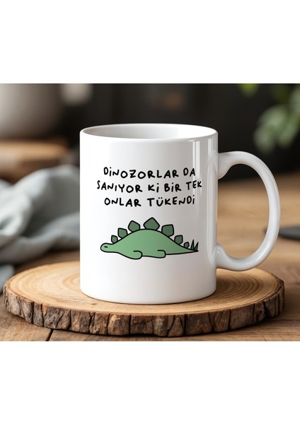 Dinozorlar Tükendi Tasarımlı Beyaz Seramik Baskılı Kupa Bardak 330 ml