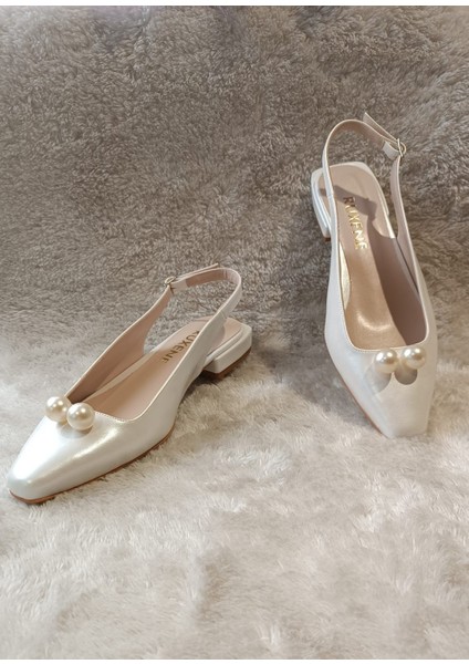 Pearly Çift Inci Detaylı Kare Burun 2 cm Kare Topuklu Babet Gelin Ayakkabısı