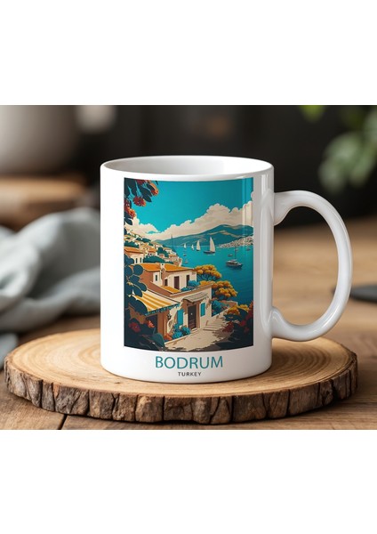 Bodrum Tasarımlı Beyaz Seramik Baskılı Kupa Bardak 330 ml