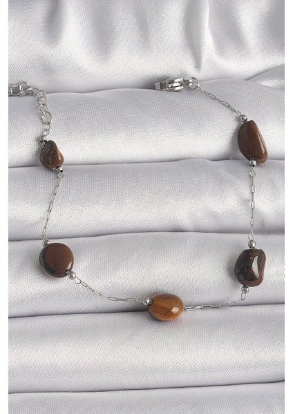 316L Çelik Gümüş Renk Zincir Kahverengi Doğaltaş Model Kadın Bileklik - TJ-BB6596