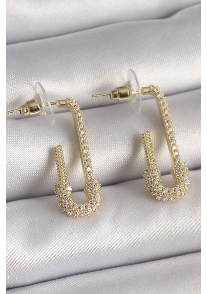 Pirinç Gold Renk Zirkon Taşlı Çengelli Iğne Model Kadın Küpe - TJ-BKP9937 Pop