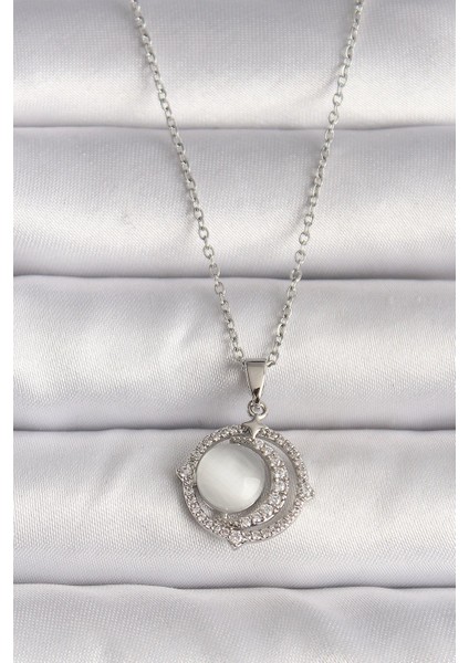 316L Çelik Gümüş Renk Zirkon Taşlı Beyaz Sedefli Hilal Model Kadın Kolye - TJ-BKO9702 Pop