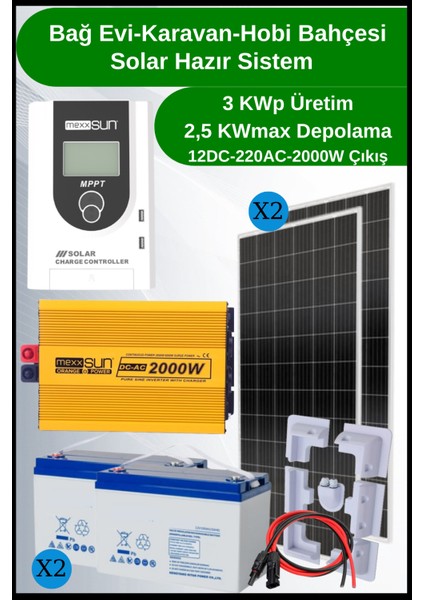 Bağ Evi Karavan Mini Buzdolabı+Tv+Aydınlatma Şebeke Destekli Solar Paket 3kwp
