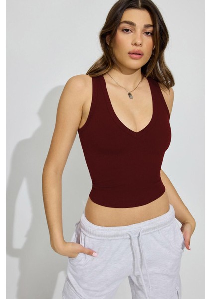 Bordo Derin V Yaka Pamuklu Basic Kadın Atlet MG2405