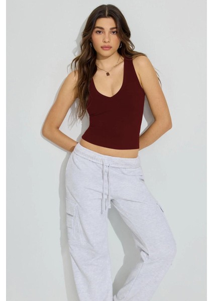 Bordo Derin V Yaka Pamuklu Basic Kadın Atlet MG2405
