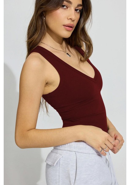 Bordo Derin V Yaka Pamuklu Basic Kadın Atlet MG2405