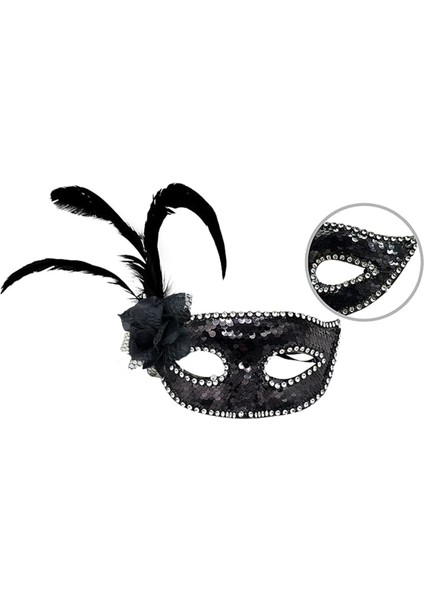 Siyah Renk Yandan Tüylü Güllü Gümüş Taşlı Pullu Maske 20X22 cm Pop