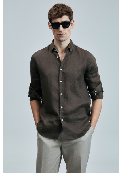 Pitaya Erkek Keten Gömlek Comfort Fit Siyah
