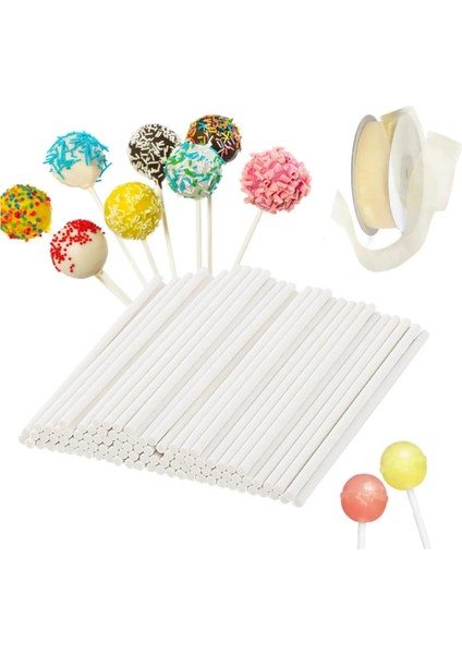 Lolipop Kek Cakepops Yapım Seti 101 Parça Pop Kek Lolipop Çubuğu 100LÜ ve Krem Kurdele