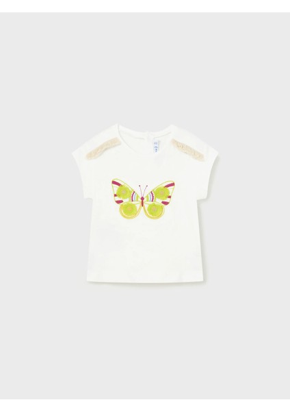 Kız Bebek Kelebek Detaylı Kısa Kollu Tshirt