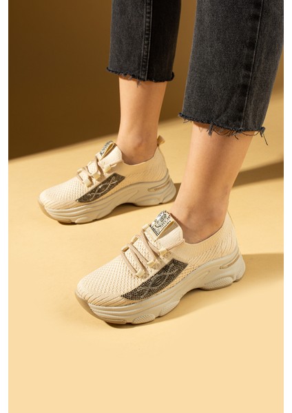 Taş Detaylı Bağcıklı Triko Rahat Taban Kadın Sneakers 36-871-25