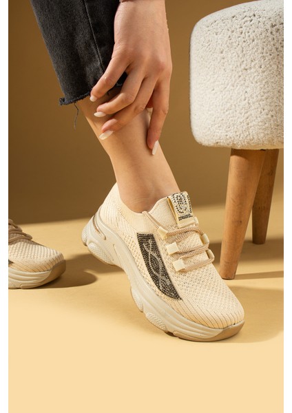 Taş Detaylı Bağcıklı Triko Rahat Taban Kadın Sneakers 36-871-25 fiyatları
