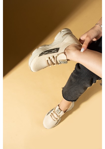 Taş Detaylı Bağcıklı Triko Rahat Taban Kadın Sneakers 36-871-25 modelleri