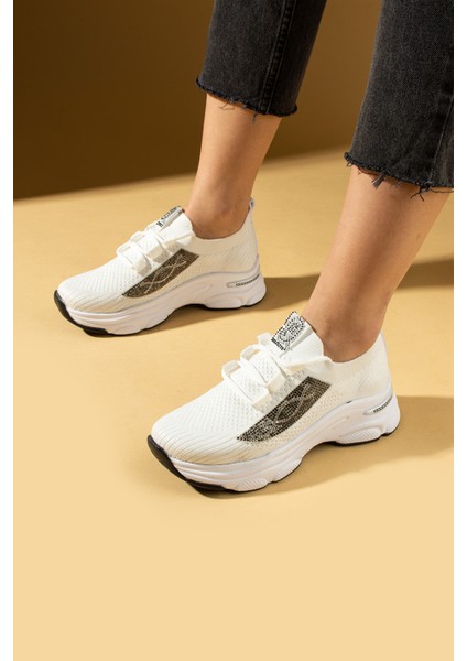 Taş Detaylı Bağcıklı Triko Rahat Taban Kadın Sneakers 36-871-25