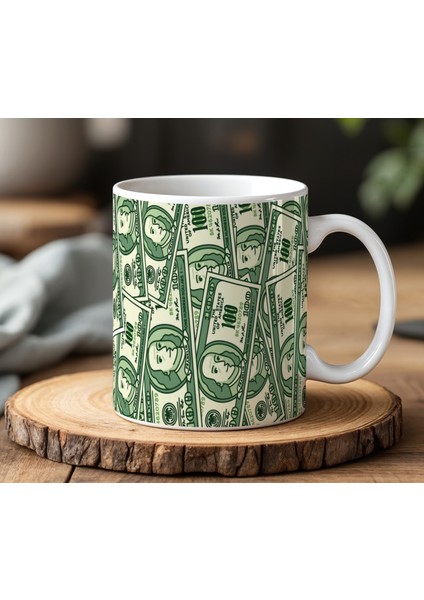 Dolarlar Tasarımlı Beyaz Seramik Baskılı Kupa Bardak 330 ml