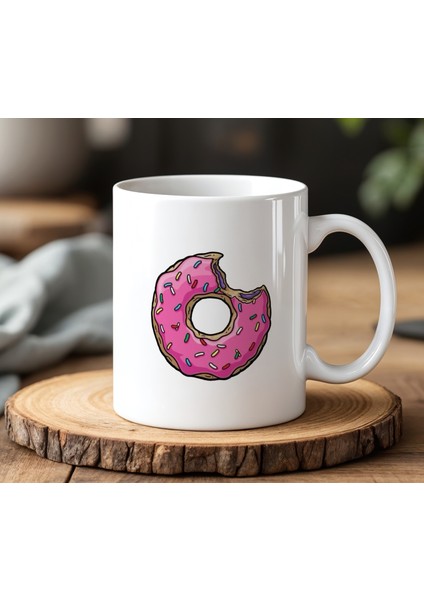 Isırık Donut Tasarımlı Beyaz Seramik Baskılı Kupa Bardak 330 ml