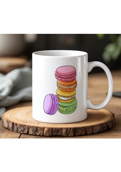 Macaronlar Tasarımlı Beyaz Seramik Baskılı Kupa Bardak 330 ml