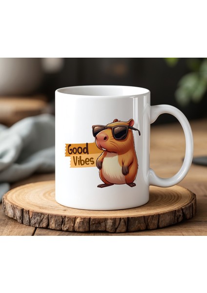 Kapibara Good Vibes Tasarımlı Beyaz Seramik Baskılı Kupa Bardak 330 ml