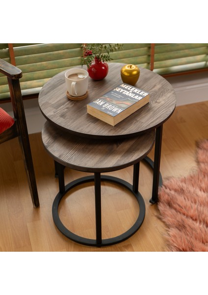Oturma Masası – Yuvarlak Sehpa – Masif Çam Ahşap – Yan Sehpa – 2'li Set – Ceviz – Metal Çerçeve - Siyah fırsatları