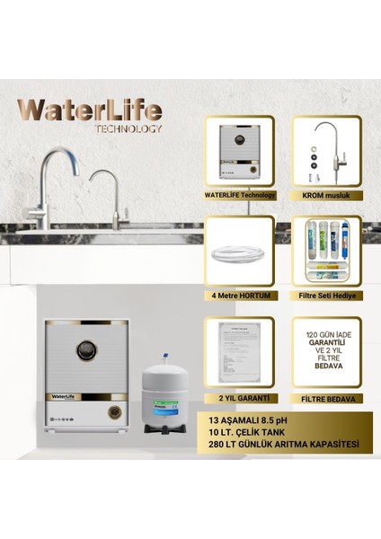 WATERLIFE Technology – Slim White Pompalı (13 Aşama + pH + Mineral + Alkali Filtrasyon Sistemi) fiyatları