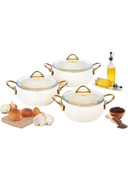 Ipekler Home Özkent Güveç Granit 3'lü Krem Rengi & Gold Tencere Seti