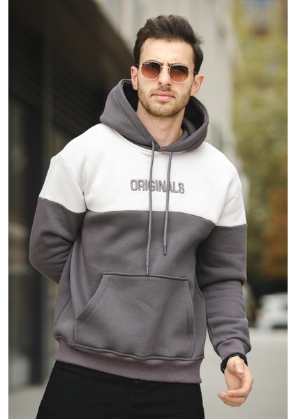 Perez Nakışlı Üç Iplik Pamuklu Parçalı Kapüşonlu Erkek Sweatshirt