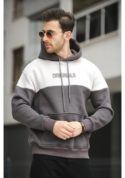 Perez Nakışlı Üç Iplik Pamuklu Parçalı Kapüşonlu Erkek Sweatshirt modelleri