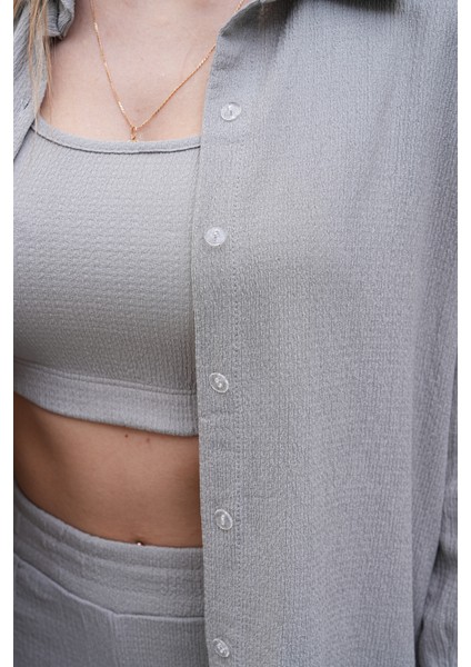 Kadın Premium Krinkıl Kumaş Alt Üst Crop Takım