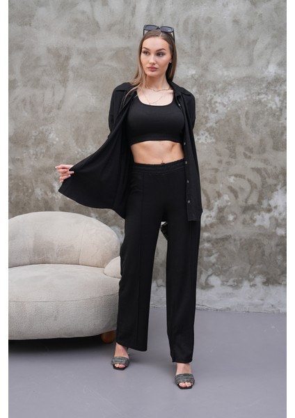Kadın Premium Krinkıl Kumaş Alt Üst Crop Takım