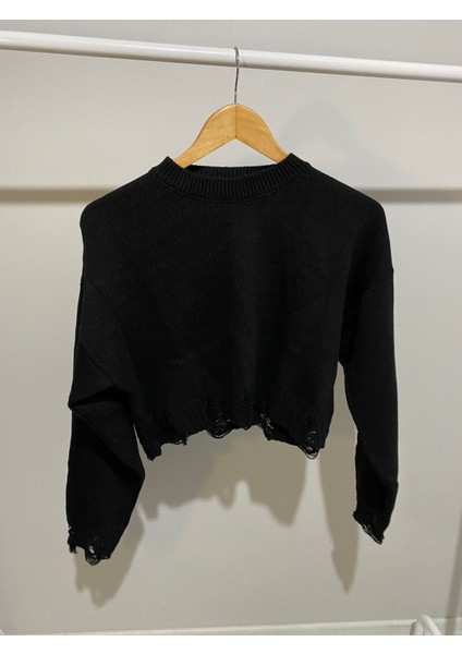 Kadın Yırtıklı Crop Örme Triko Kazak modelleri